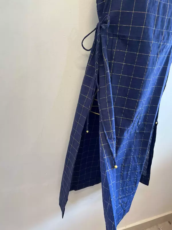Tisha's Side-Tie Longline Top - Blue & Gold Checks