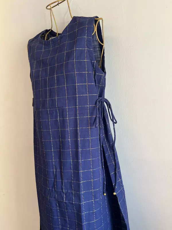 Tisha's Side-Tie Longline Top - Blue & Gold Checks