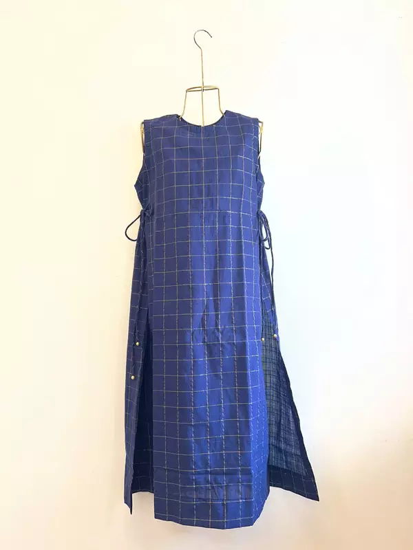 Tisha's Side-Tie Longline Top - Blue & Gold Checks