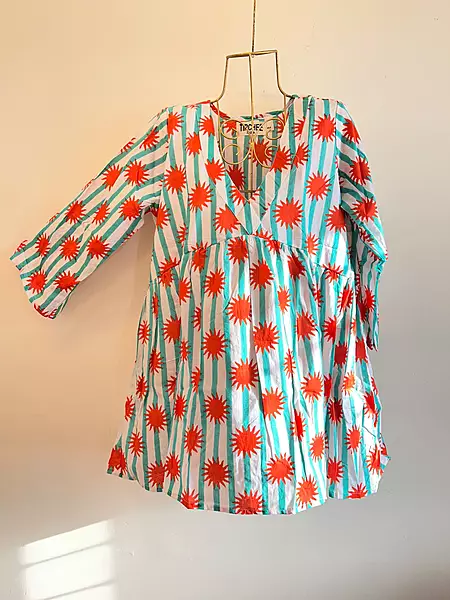 Gulzar's V-neck Peplum Top - Teal Stripes with Suns