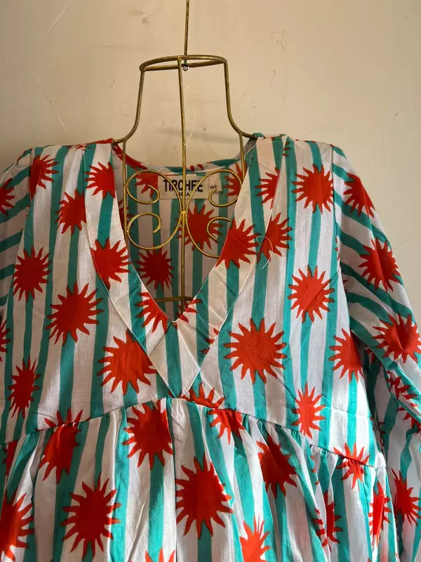 Gulzar's V-neck Peplum Top - Teal Stripes with Suns