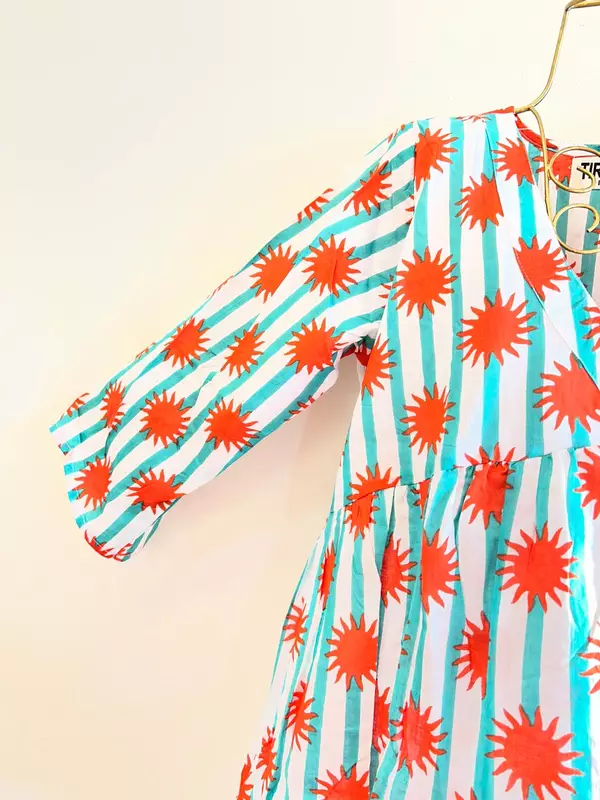 Gulzar's V-neck Peplum Top - Teal Stripes with Suns