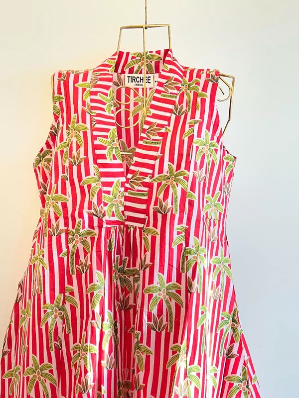 Charita's Everyday Sleeve Less Flare Dress - Red & Cream Stripes with palms