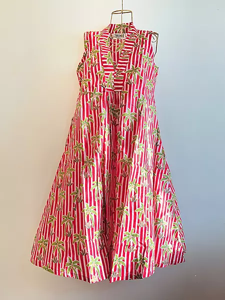 Charita's Everyday Sleeve Less Flare Dress - Red & Cream Stripes with palms