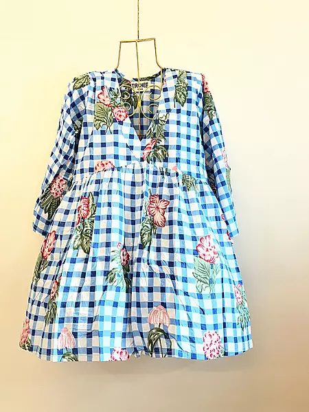 Gulzar's V-neck Peplum Top - Blue Gingham with Flowers