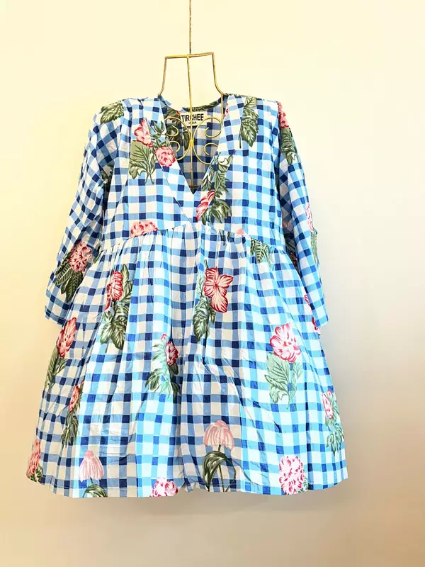 Gulzar's V-neck Peplum Top - Blue Gingham with Flowers