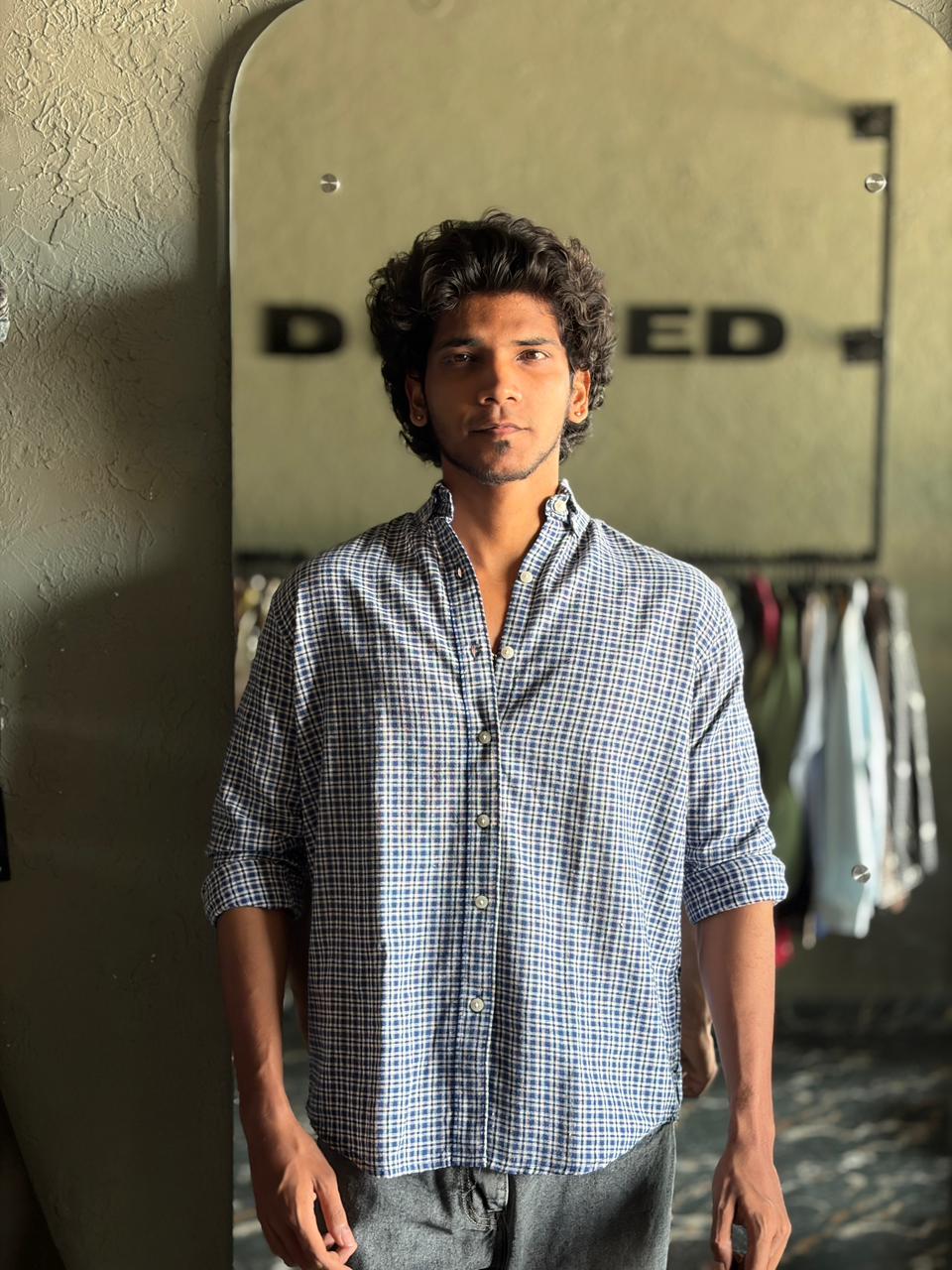 Navy blue micro check shirt