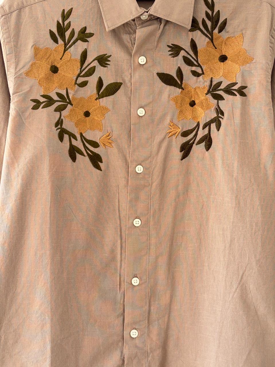 Wood brown floral embroidered shirt