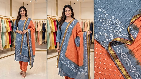 Kala Sanskruti Grey & Light Orange Color Heavy Cotton Satin Bandhani Dress 2.5 M (Each Piece) Elegant Traditional Wear Dress Material for Women