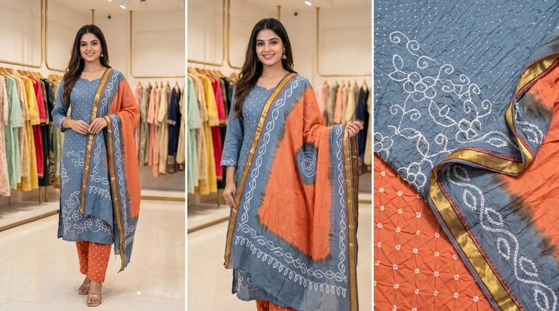 Kala Sanskruti Grey & Light Orange Color Heavy Cotton Satin Bandhani Dress 2.5 M (Each Piece) Elegant Traditional Wear Dress Material for Women