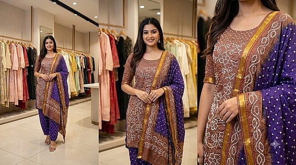 Kala Sanskruti Chiku & Purple Color Heavy Cotton Satin Bandhani Dress 2.5 M (Each Piece) Elegant Traditional Wear Dress Material for Women