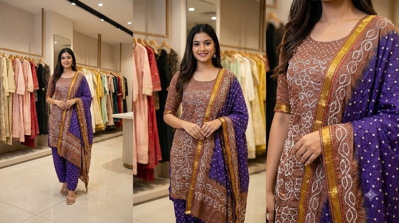 Kala Sanskruti Chiku & Purple Color Heavy Cotton Satin Bandhani Dress 2.5 M (Each Piece) Elegant Traditional Wear Dress Material for Women
