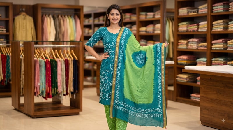 Kala Sanskruti Rama & parrot Green Color Heavy Cotton Satin Bandhani Dress 2.5 M (Each Piece) Elegant Traditional Wear Dress Material for Women