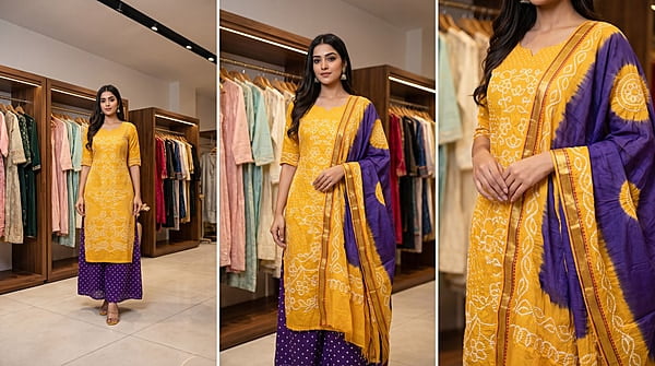 Kala Sanskruti Golden & Purple Color Heavy Cotton Satin Bandhani Dress 2.5 M (Each Piece) Elegant Traditional Wear Dress Material for Women