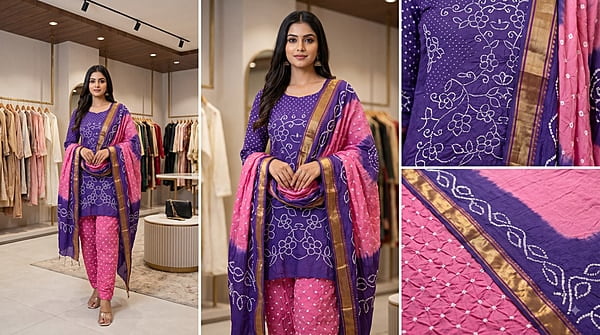 Kala Sanskruti Purple & Pink Color Heavy Cotton Satin Bandhani Dress 2.5 M (Each Piece) Elegant Traditional Wear Dress Material for Women