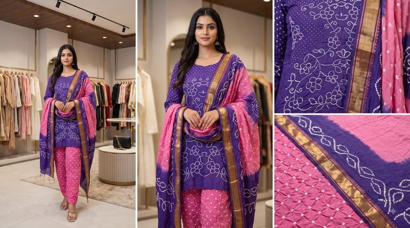 Kala Sanskruti Purple & Pink Color Heavy Cotton Satin Bandhani Dress 2.5 M (Each Piece) Elegant Traditional Wear Dress Material for Women