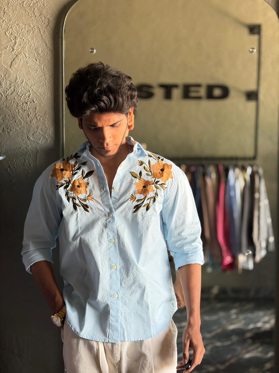 Sky floral embroidered shirt