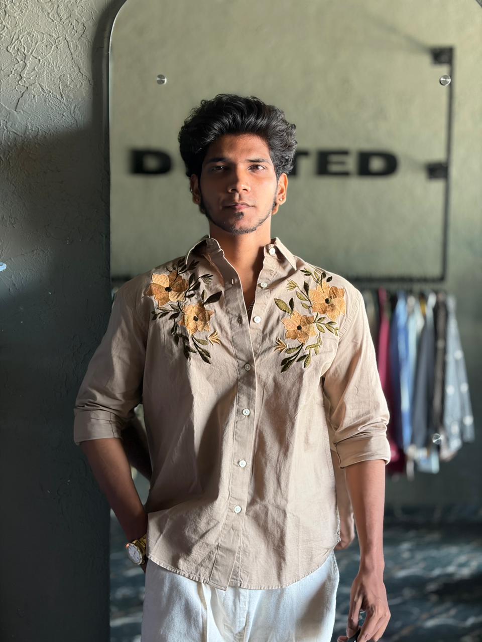 Wood brown floral embroidered shirt