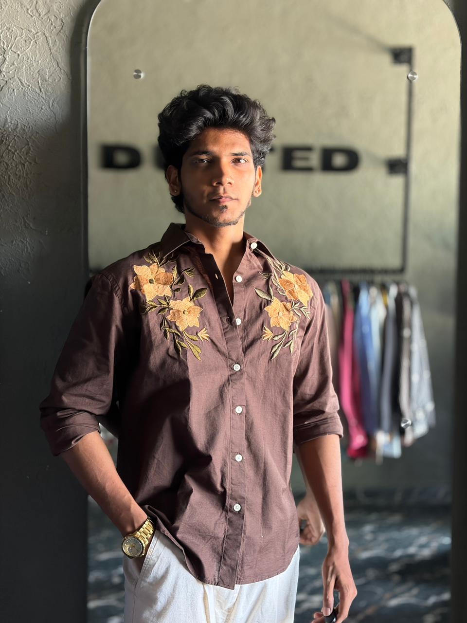Chocolate floral embroidered shirt