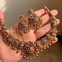 Premium Quality Gold Alike Nagas Necklace With Ruby Stones And Green TJH - 311