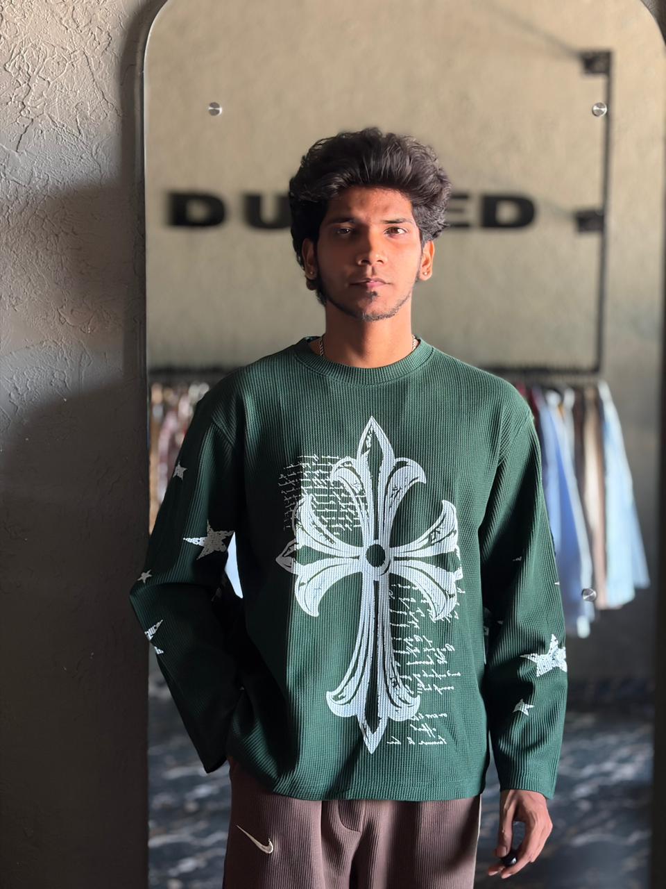 Green celestial cross tee