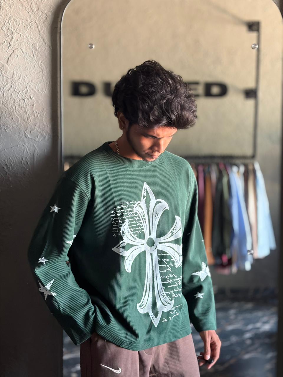 Green celestial cross tee