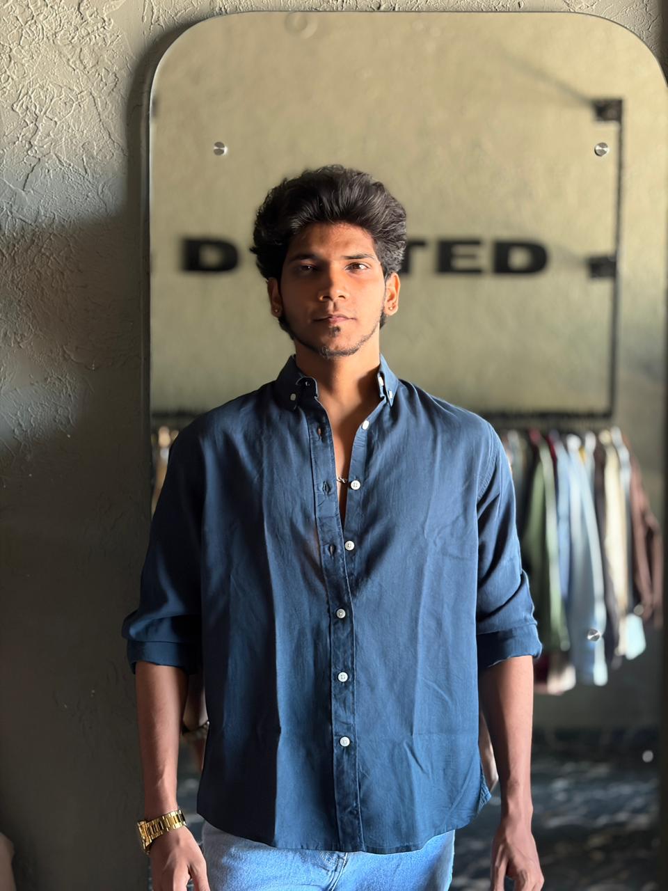 Teal blue linen shirt