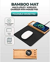 Foldable leatherette desk mat with wooden bamboo wireless charging dock and smartphone