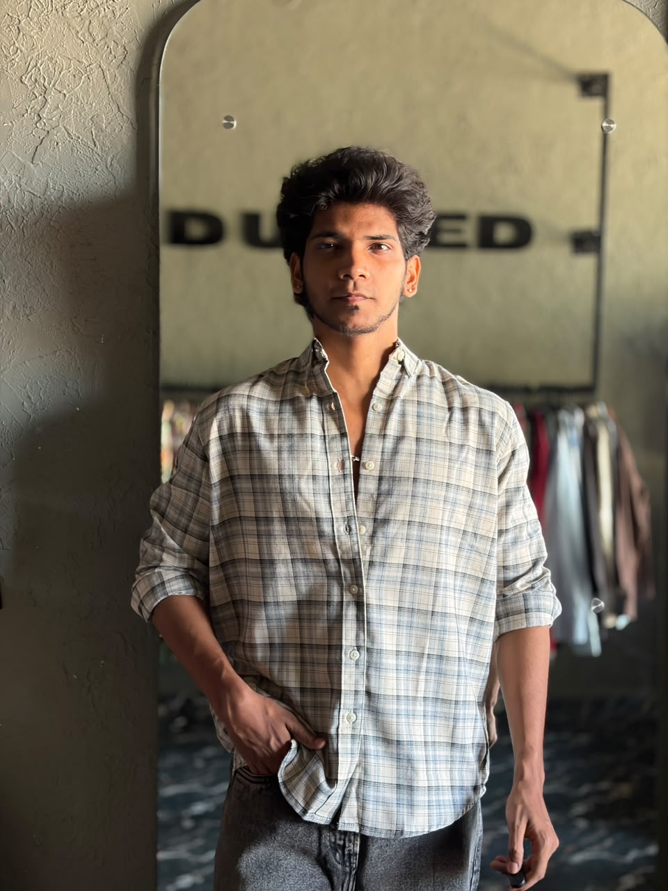 Mist beige & steel blue flannels