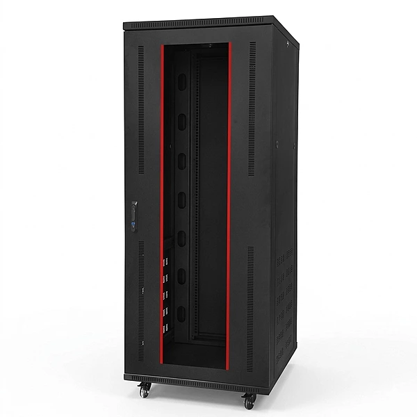 NOVARACK SKD FLOOR MOUNT 42U 600W X 600D BLACK COLOUR WITH FRONT GLASS DOOR WITH REAR DOORS CASTOR WHEELS