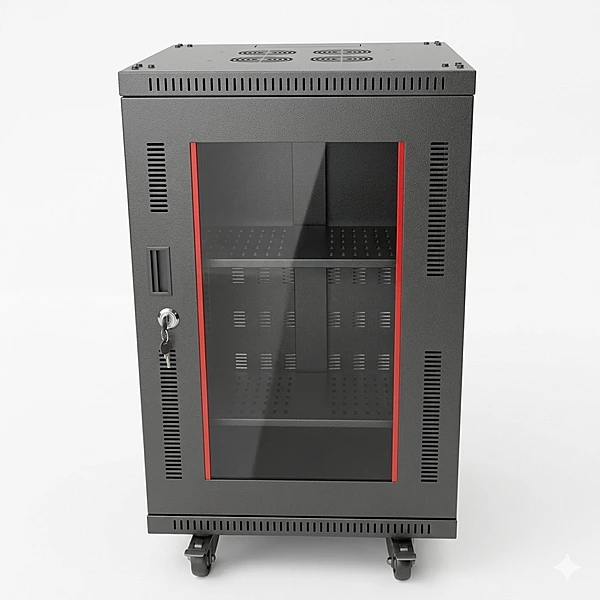NOVARACK SKD FLOOR MOUNT 17U 600W X 600D BLACK COLOUR WITH FRONT GLASS DOOR WITH REAR DOORS CASTOR WHEELS
