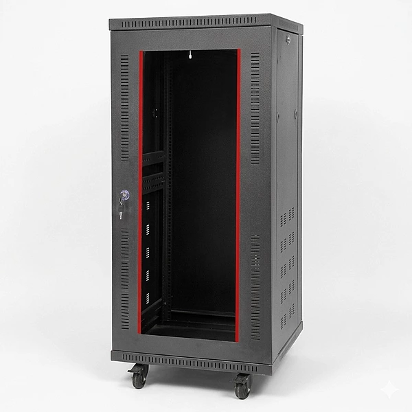 NOVARACK SKD FLOOR MOUNT 27U 600W X 600D BLACK COLOUR WITH FRONT GLASS DOOR WITH REAR DOORS CASTOR WHEELS