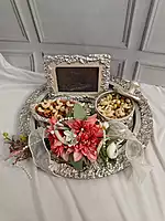 Silver Textured Decorative Tray Set with Frame, Trinket Box & Artificial Floral Embellishment