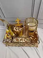 Luxury Decorative Golden Tray with Candle, Metallic Accents