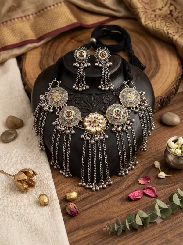 OXIDISE FRIENGE NECKLACE WITH EARING KASHMIRI STYLE