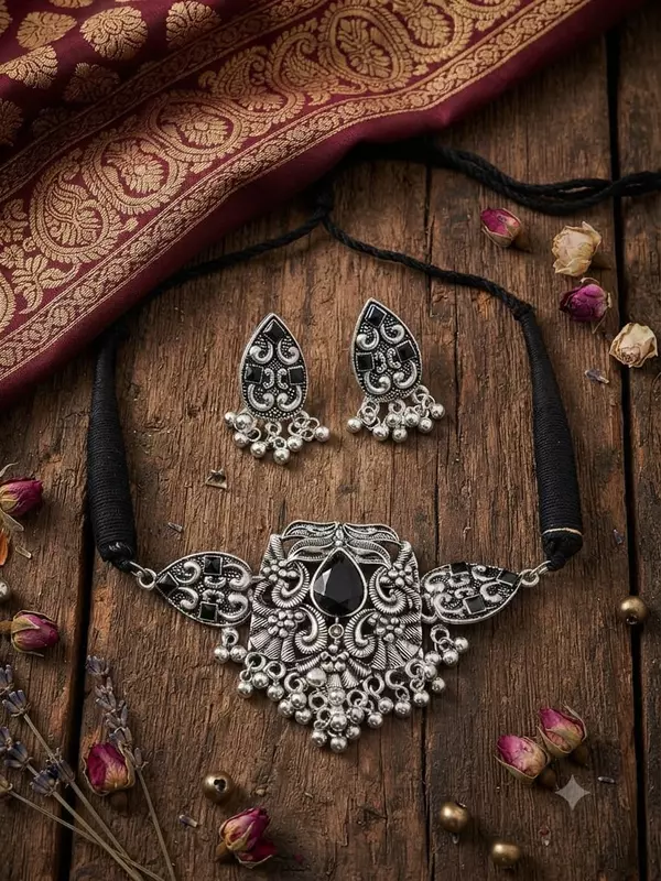 Antique Oxidized Silver & Black Stone Choker Set