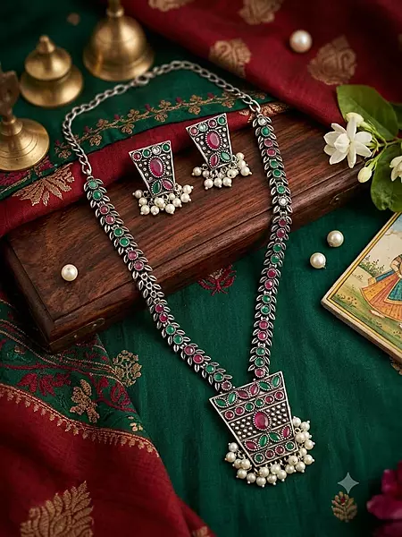 Antique Oxidized Silver Dual-Tone Stone Long Necklace Set