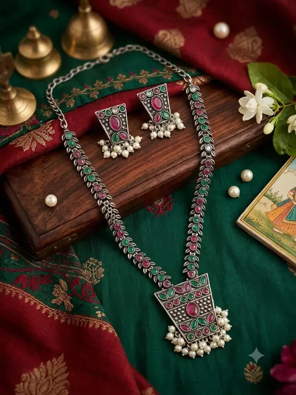 Antique Oxidized Silver Dual-Tone Stone Long Necklace Set
