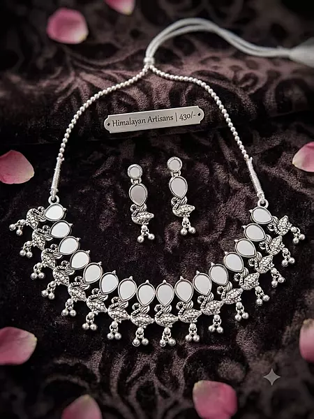 Antique Oxidized Mirror & Swan Choker Necklace Set