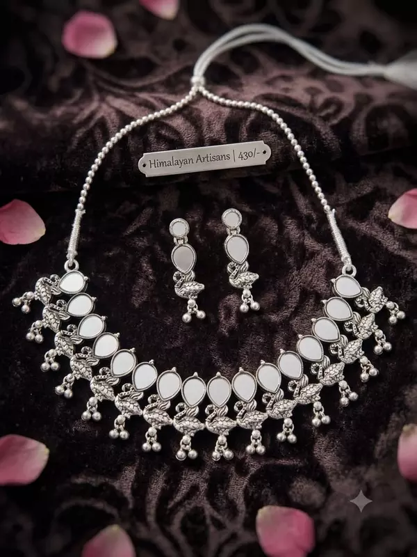 Antique Oxidized Mirror & Swan Choker Necklace Set