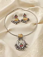 Dual-Tone Oxidized Floral Crescent Pendant Set