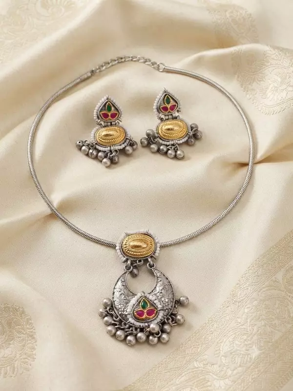 Dual-Tone Oxidized Floral Crescent Pendant Set