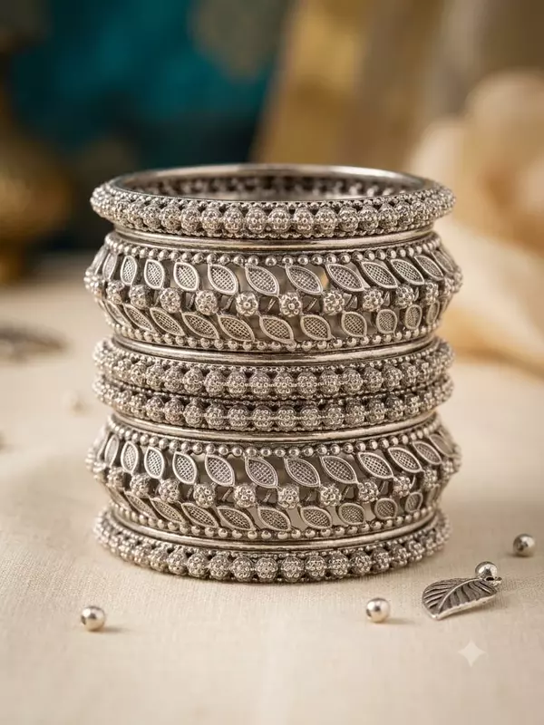 Oxidized Silver Leaf & Bead Bangle Set