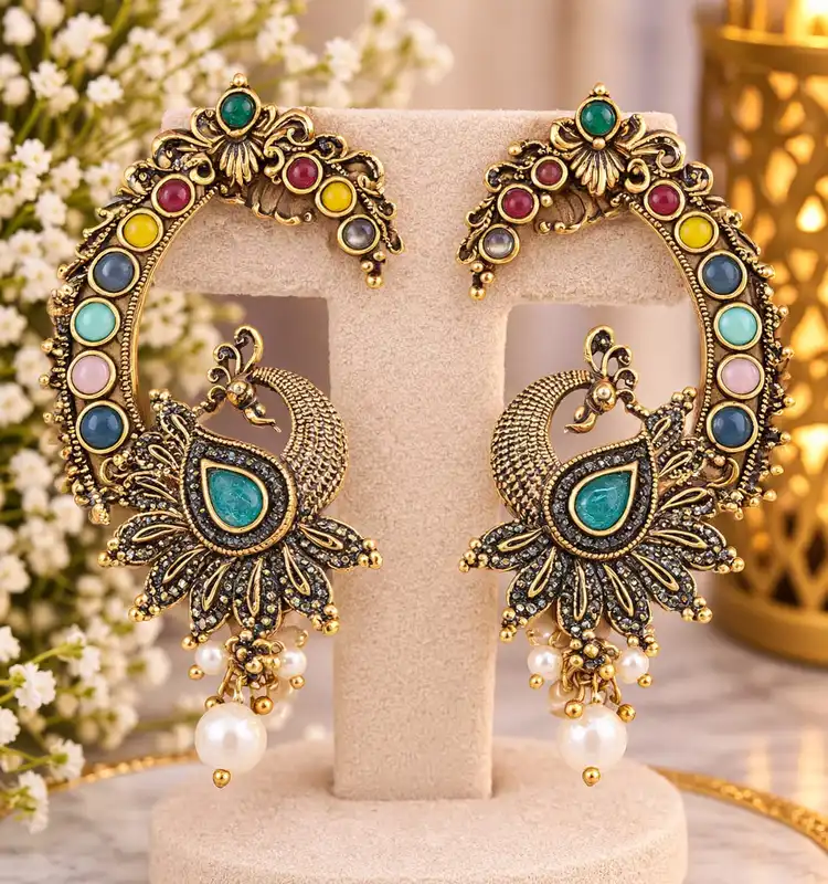 Traditional-inspired peacock ear cuff earrings