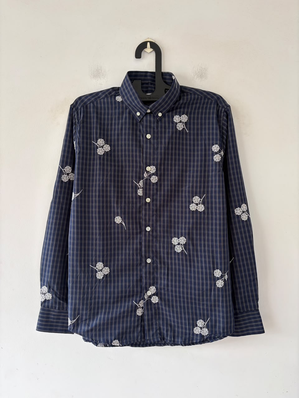 Navy blue embroidered check shirt