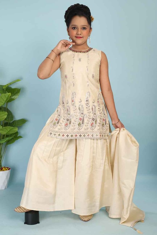 Cream Girls Kurti Sharara Set