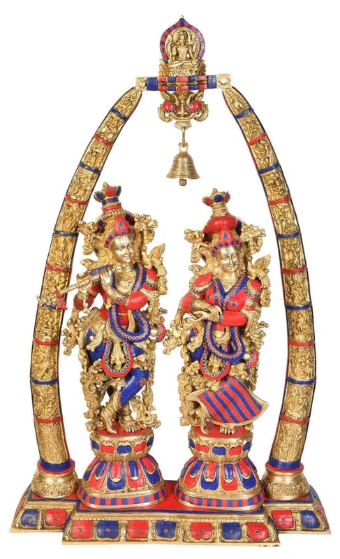 Brass Arch Radha Krishna Statue with Stone Work - 48 inch Height | Majestic Beauty