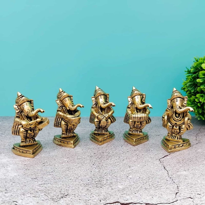 Brass Ganesha Musical Set - 2.8 inch Height | Melodious Devotion