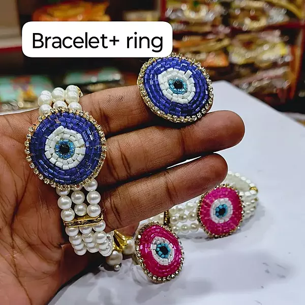 Evil Eye White Pearl Adjustable Bracelet with Ring