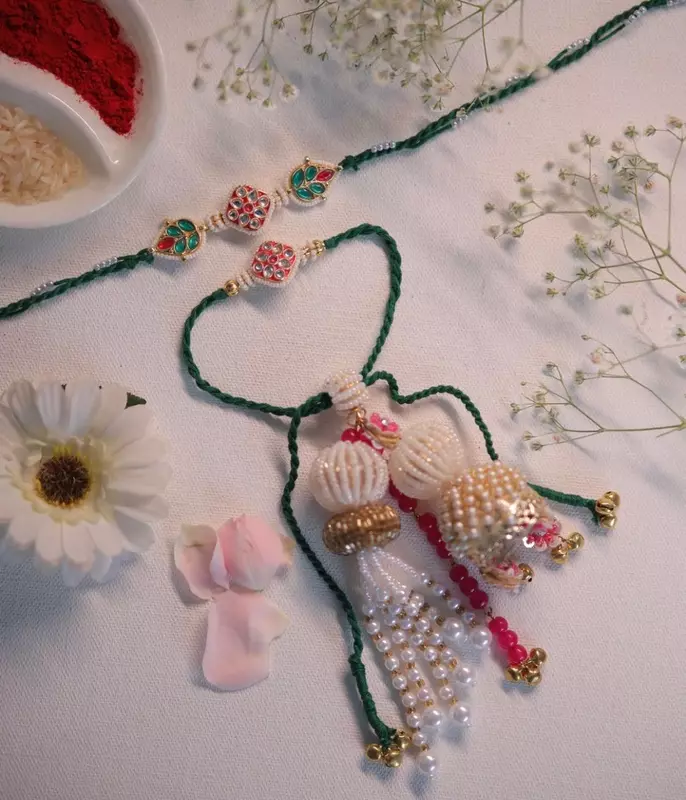 Traditional Bhai Bhabhi Rakhi Set with Pearl Tassels